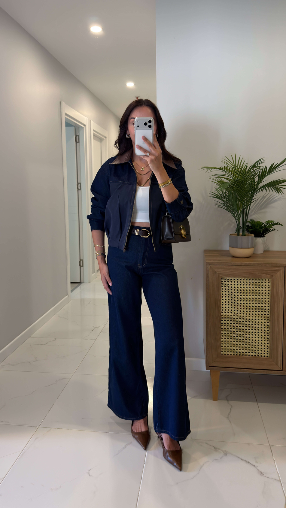 Zella Lacivert Deri Yaka Detaylı Denim Ceket Pantolon Takım