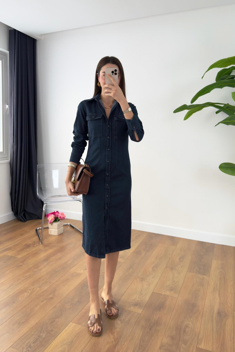 ZR Konsa Dark Blue Maxi Denim Elbise