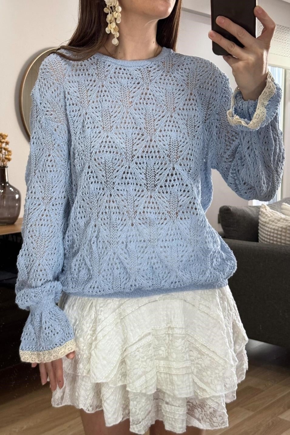 BluzAlisse Vintage Ajur Triko Bluz Bebe Mavi