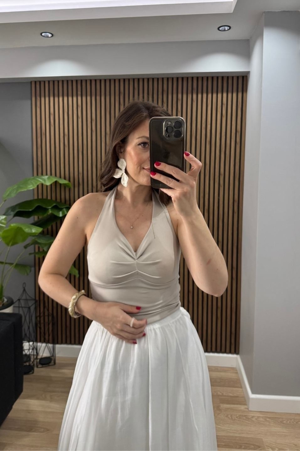 BluzBoyun Bağlamalı Halter Crop Bluz Bej