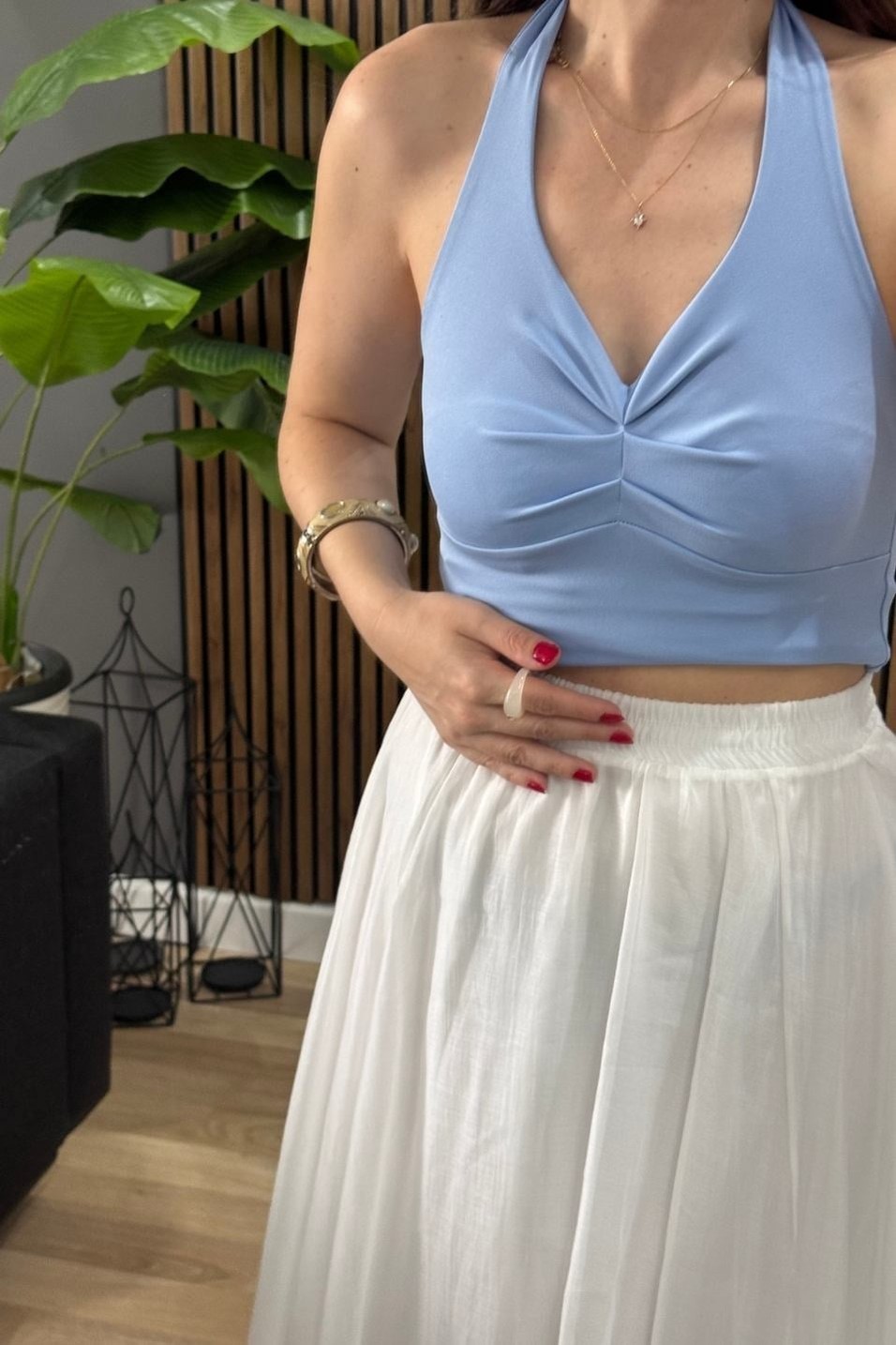 BluzBoyun Bağlamalı Halter Crop Bluz Bebe Mavi