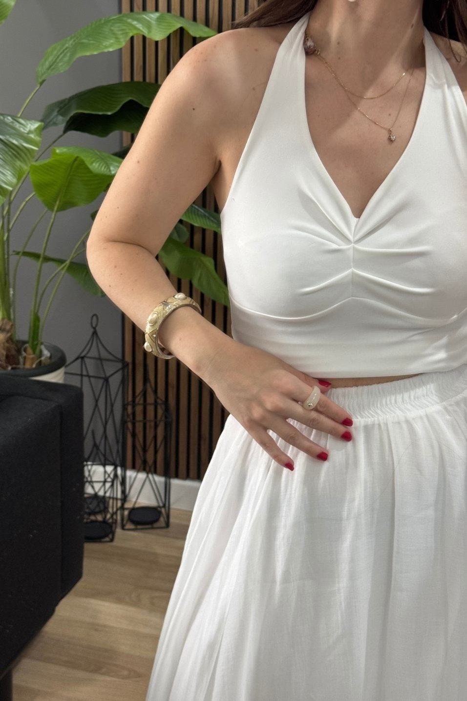 BluzBoyun Bağlamalı Halter Crop Bluz Ekru