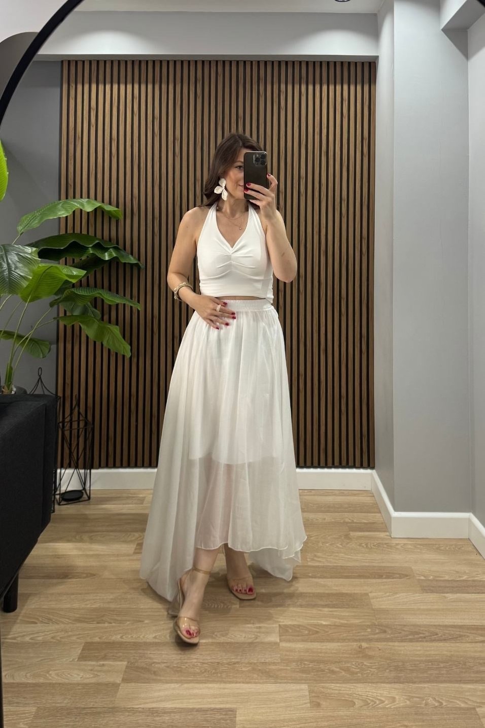 BluzBoyun Bağlamalı Halter Crop Bluz Ekru