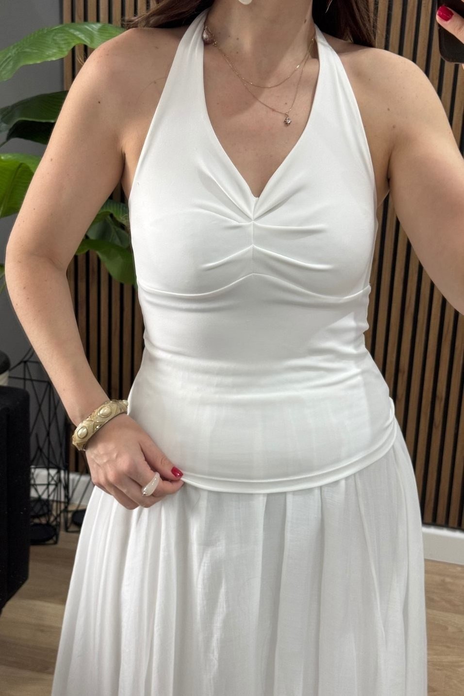 BluzBoyun Bağlamalı Halter Crop Bluz Ekru