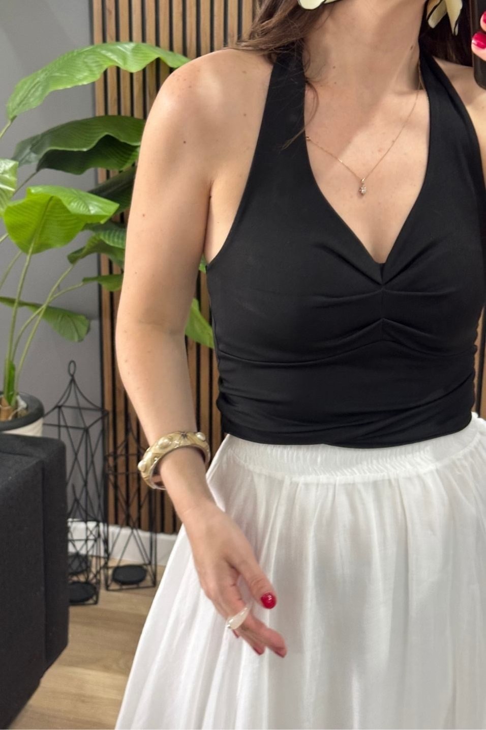 BluzBoyun Bağlamalı Halter Crop Bluz Siyah