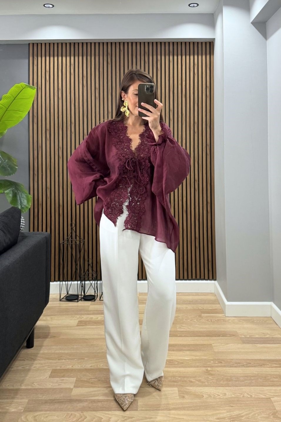 BluzCelestia Dantel Detaylı Bağlamalı Rahat Bluz Mürdüm