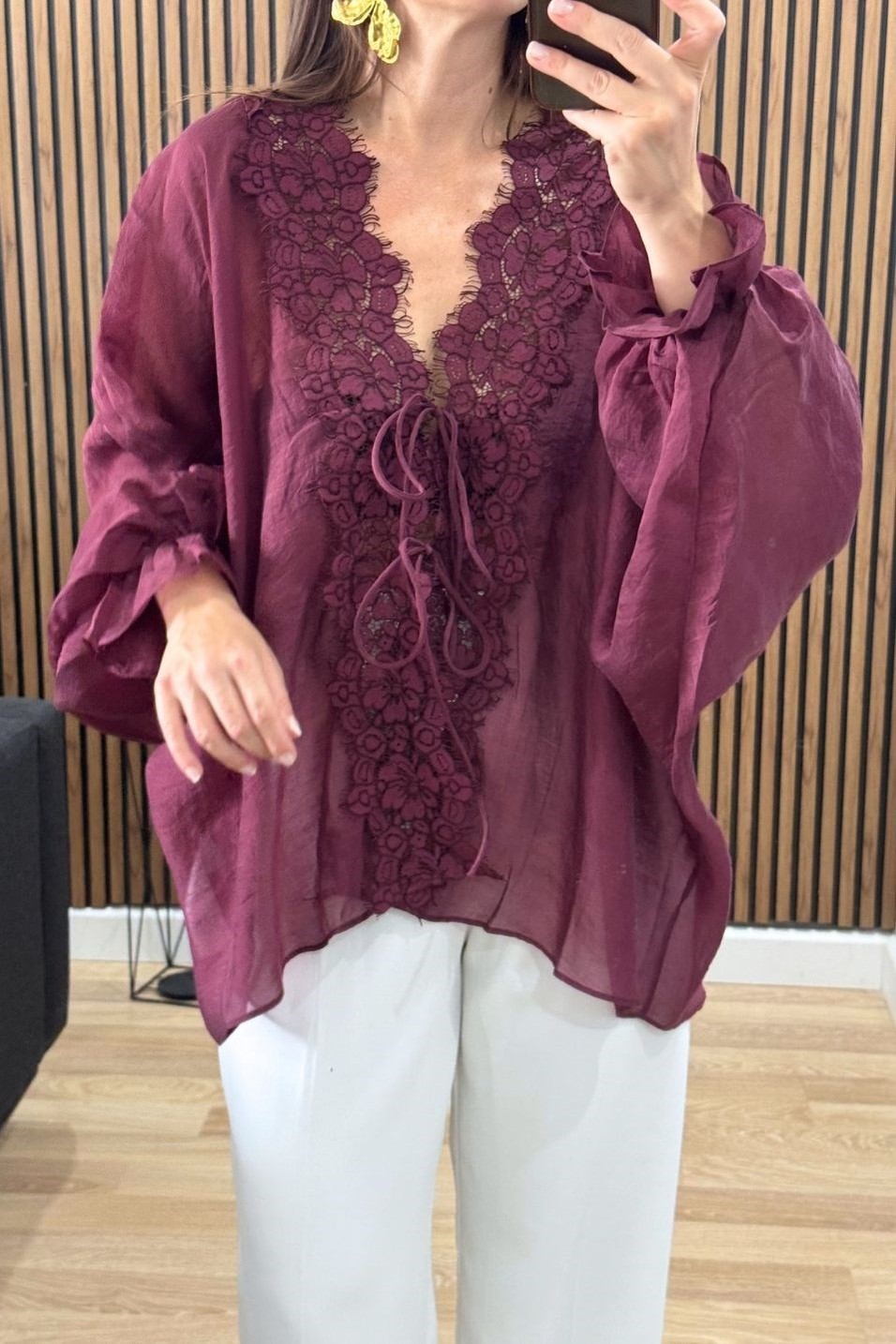 BluzCelestia Dantel Detaylı Bağlamalı Rahat Bluz Mürdüm