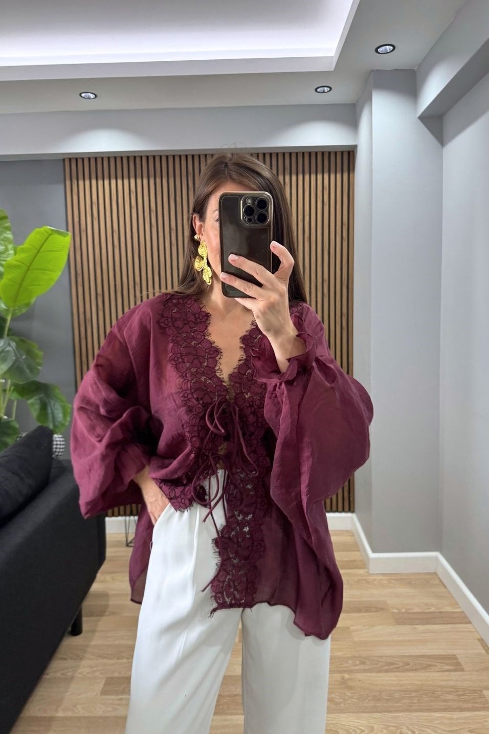 BluzCelestia Dantel Detaylı Bağlamalı Rahat Bluz Mürdüm