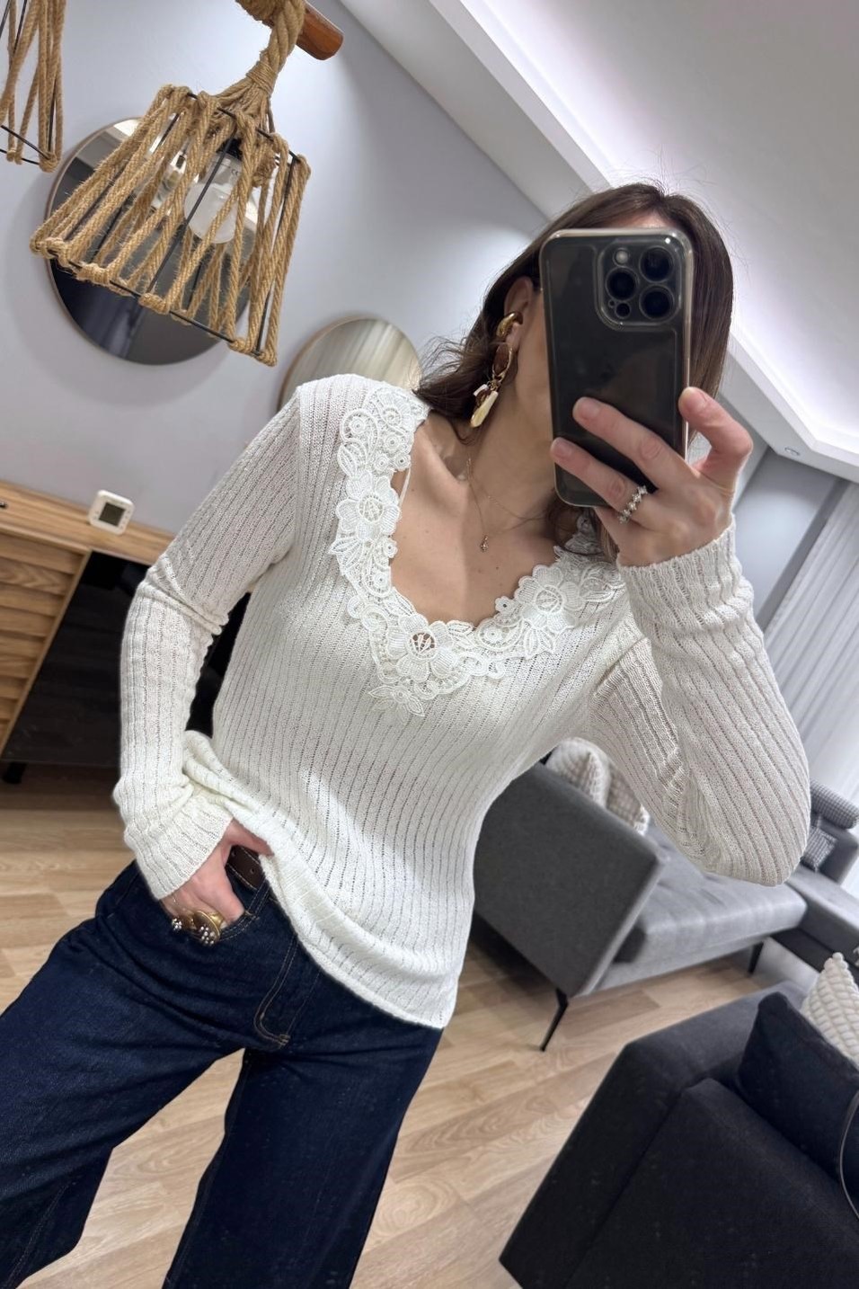 BluzDantel Yaka Fit Triko Bluz Ekru