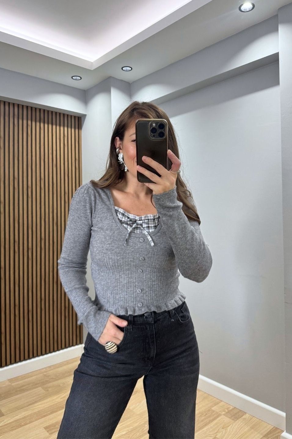 BluzEkose Bağlama Detaylı Fitilli Triko Bluz Gri