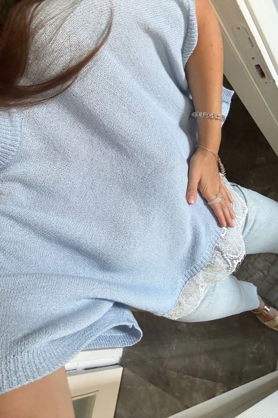 BluzElara Dantel Detaylı Triko Bluz Bebe Mavi