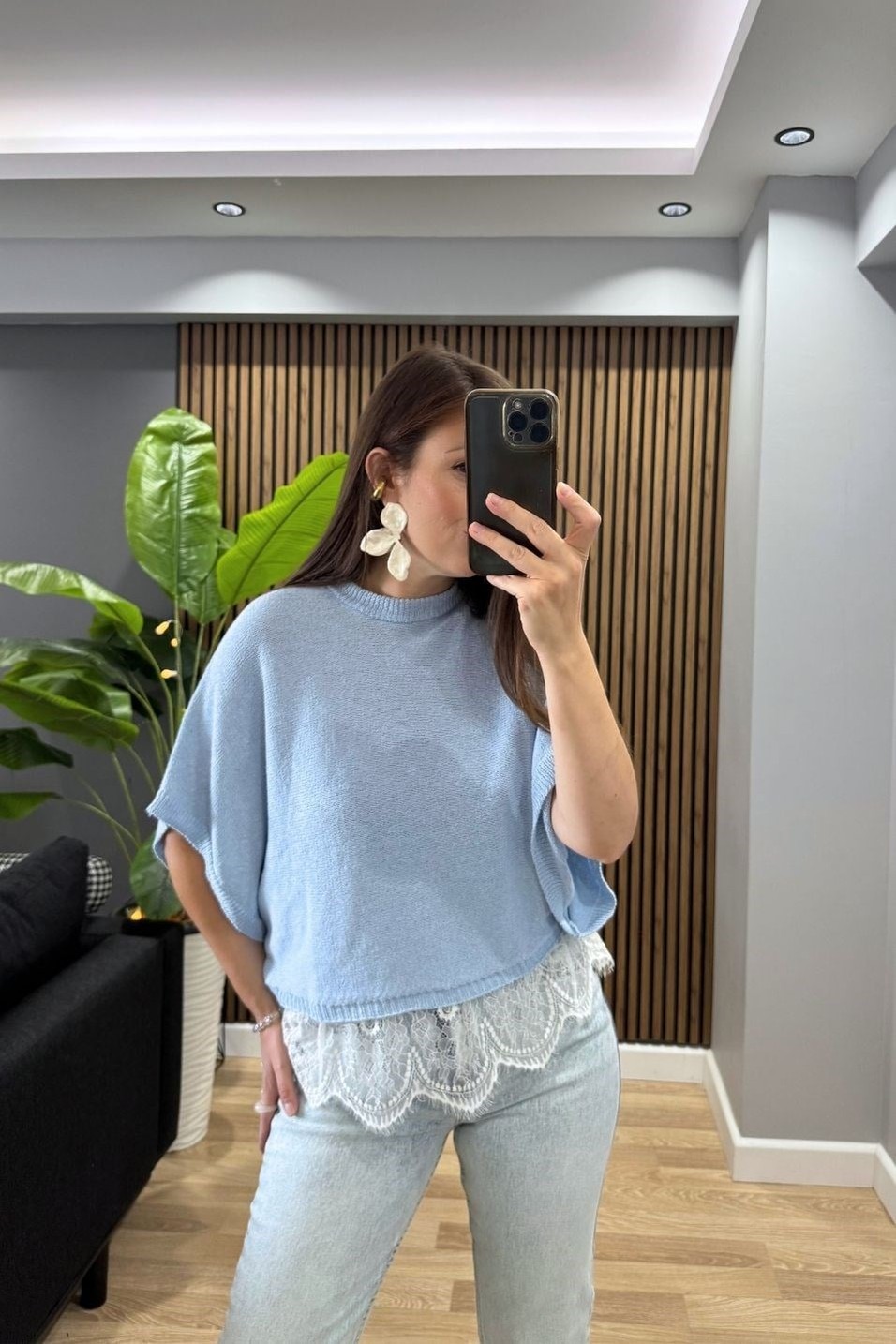 BluzElara Dantel Detaylı Triko Bluz Bebe Mavi