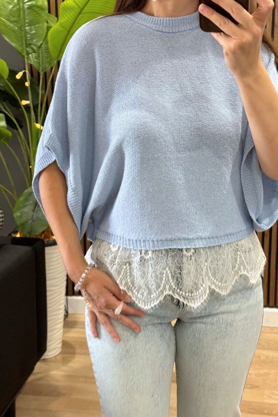 BluzElara Dantel Detaylı Triko Bluz Bebe Mavi