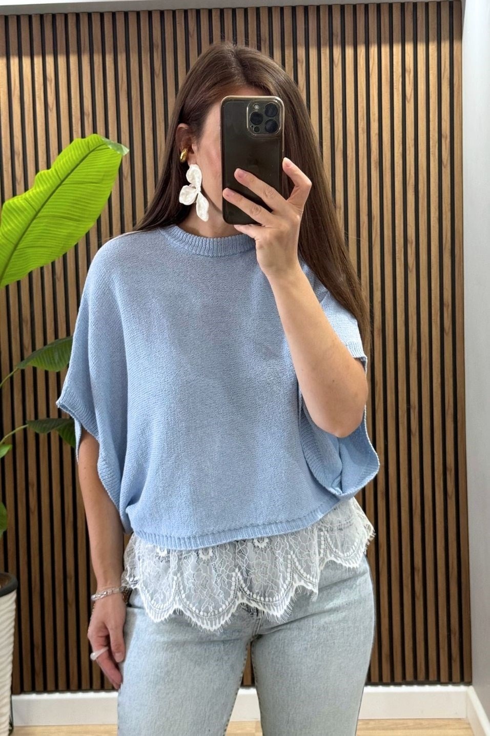 BluzElara Dantel Detaylı Triko Bluz Bebe Mavi