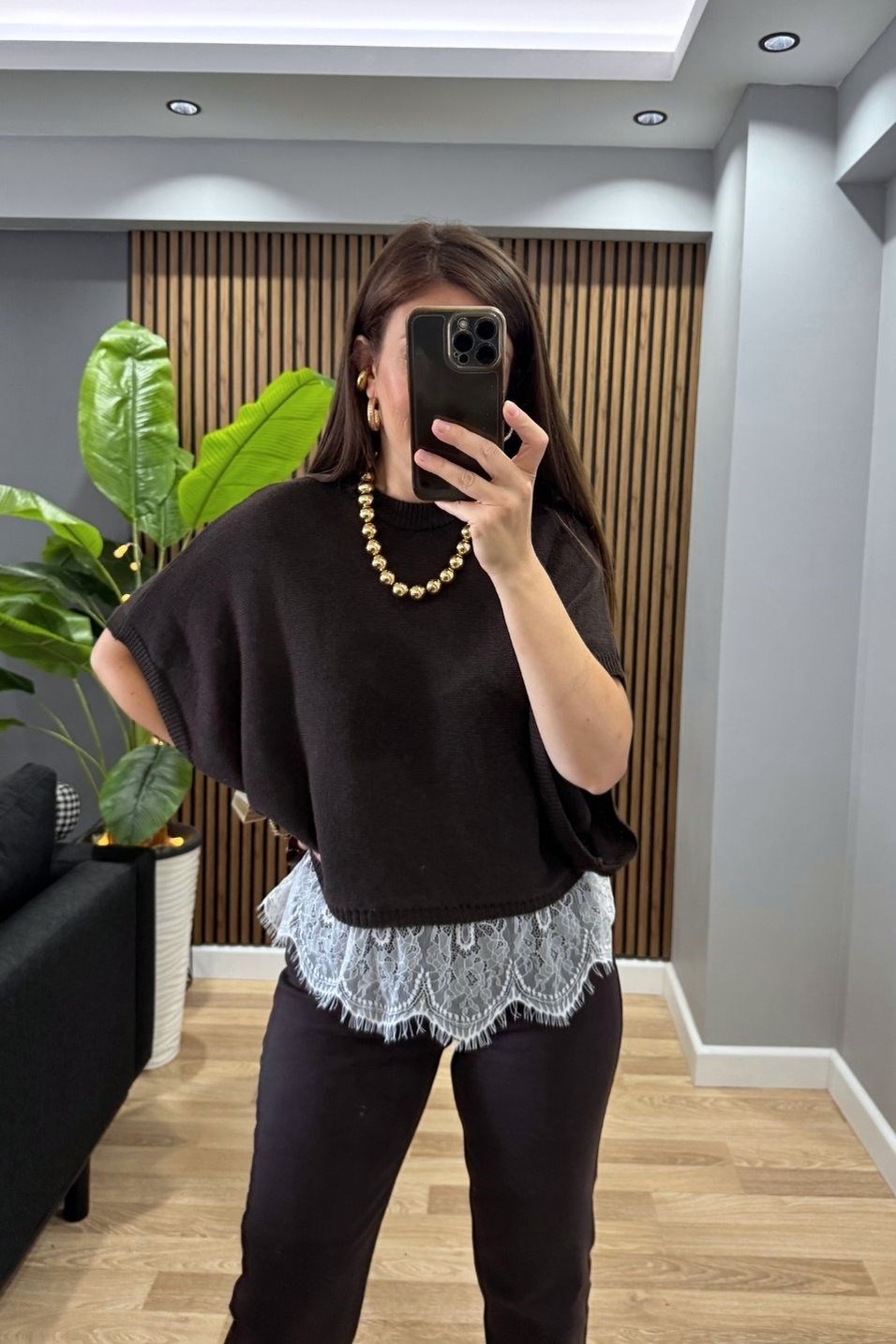 BluzElara Dantel Detaylı Triko Bluz Kahverengi