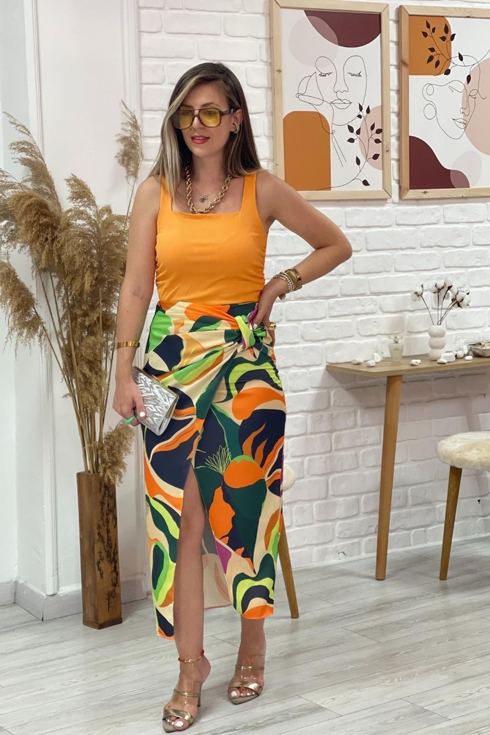 BluzKalın Askılı Yanları Büzgülü Bluz Turuncu