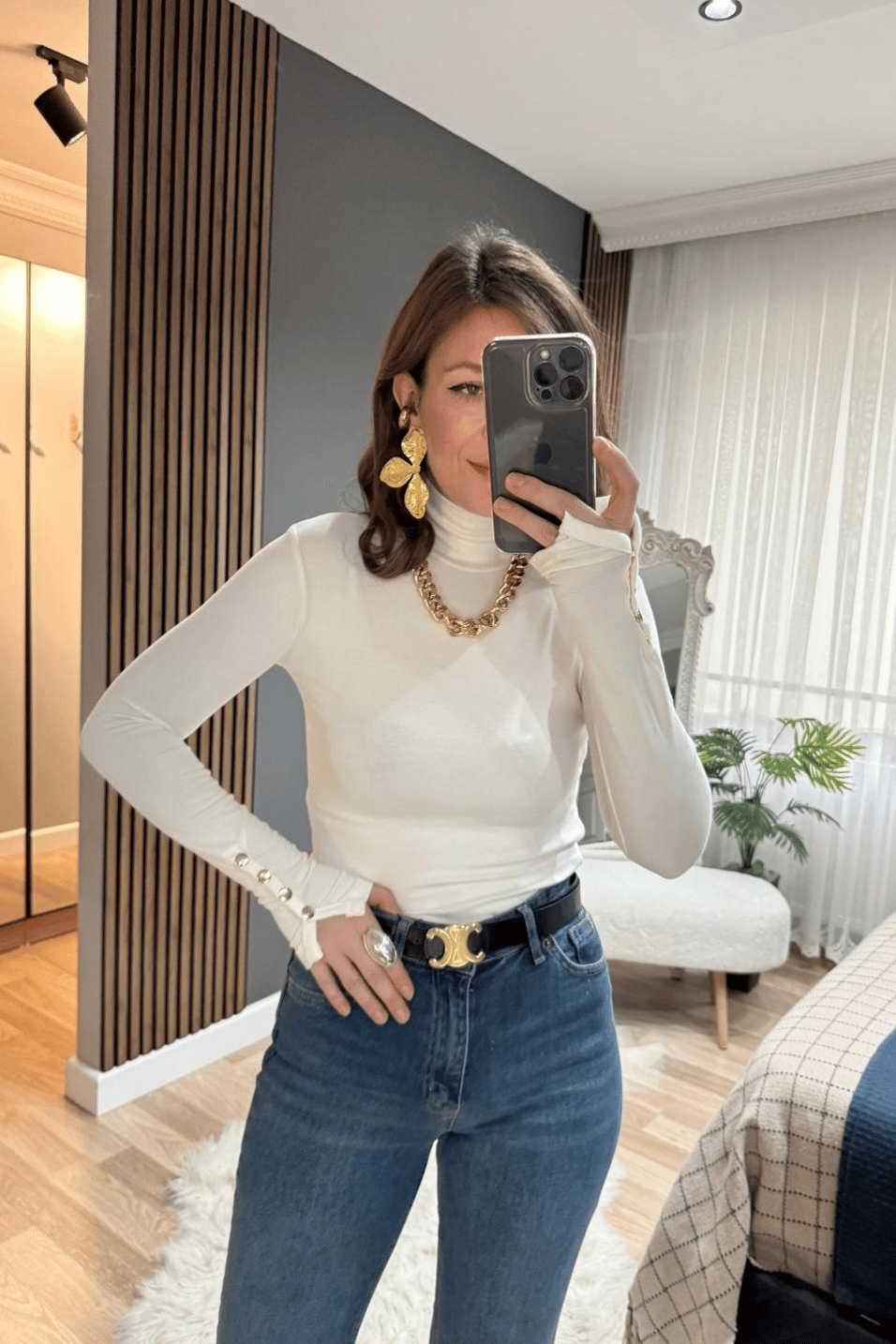 BluzKolu Çıtçıtlı Bluz Ekru