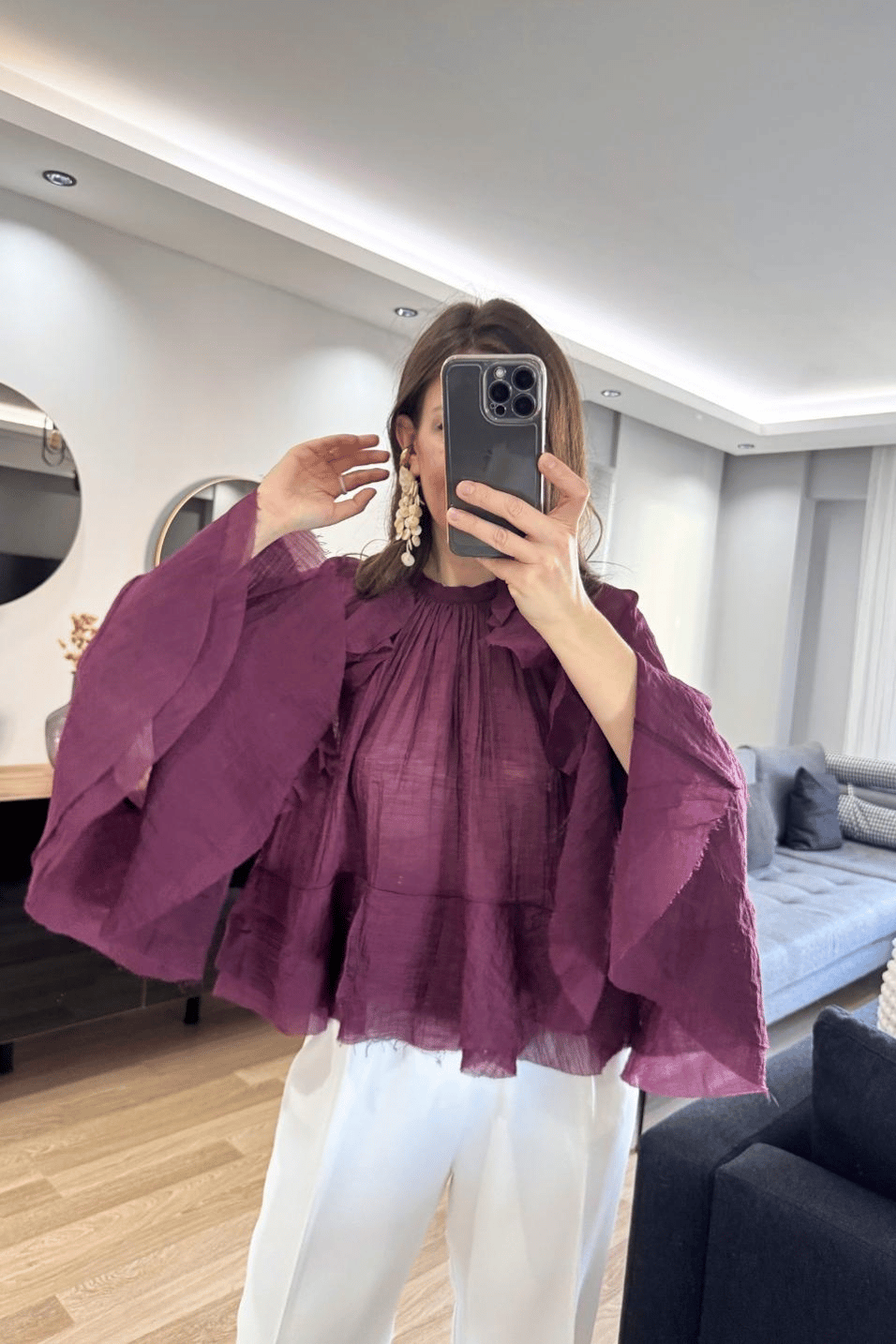 BluzLiora Fırfır Detaylı Transparan Bluz Mürdüm