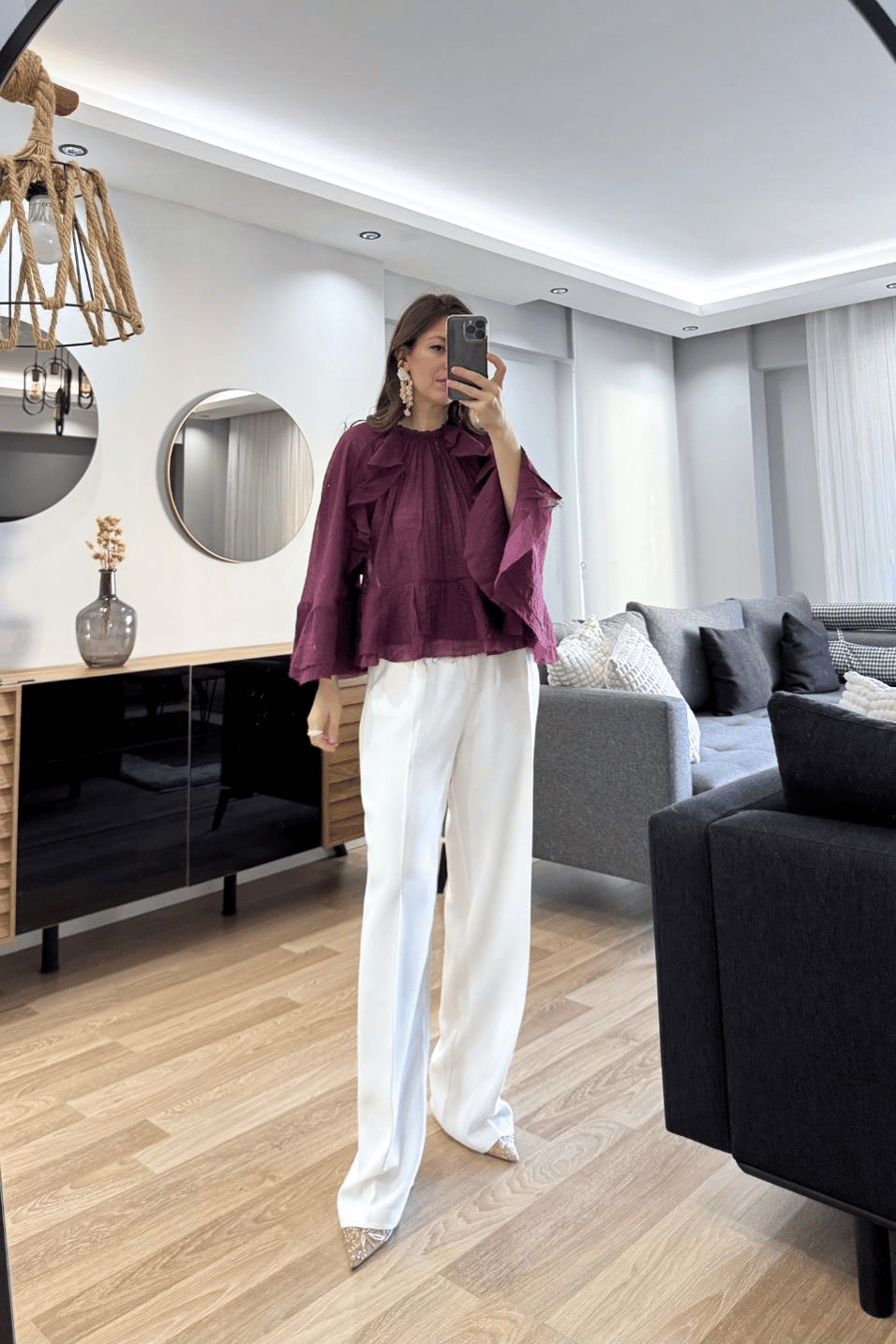 BluzLiora Fırfır Detaylı Transparan Bluz Mürdüm