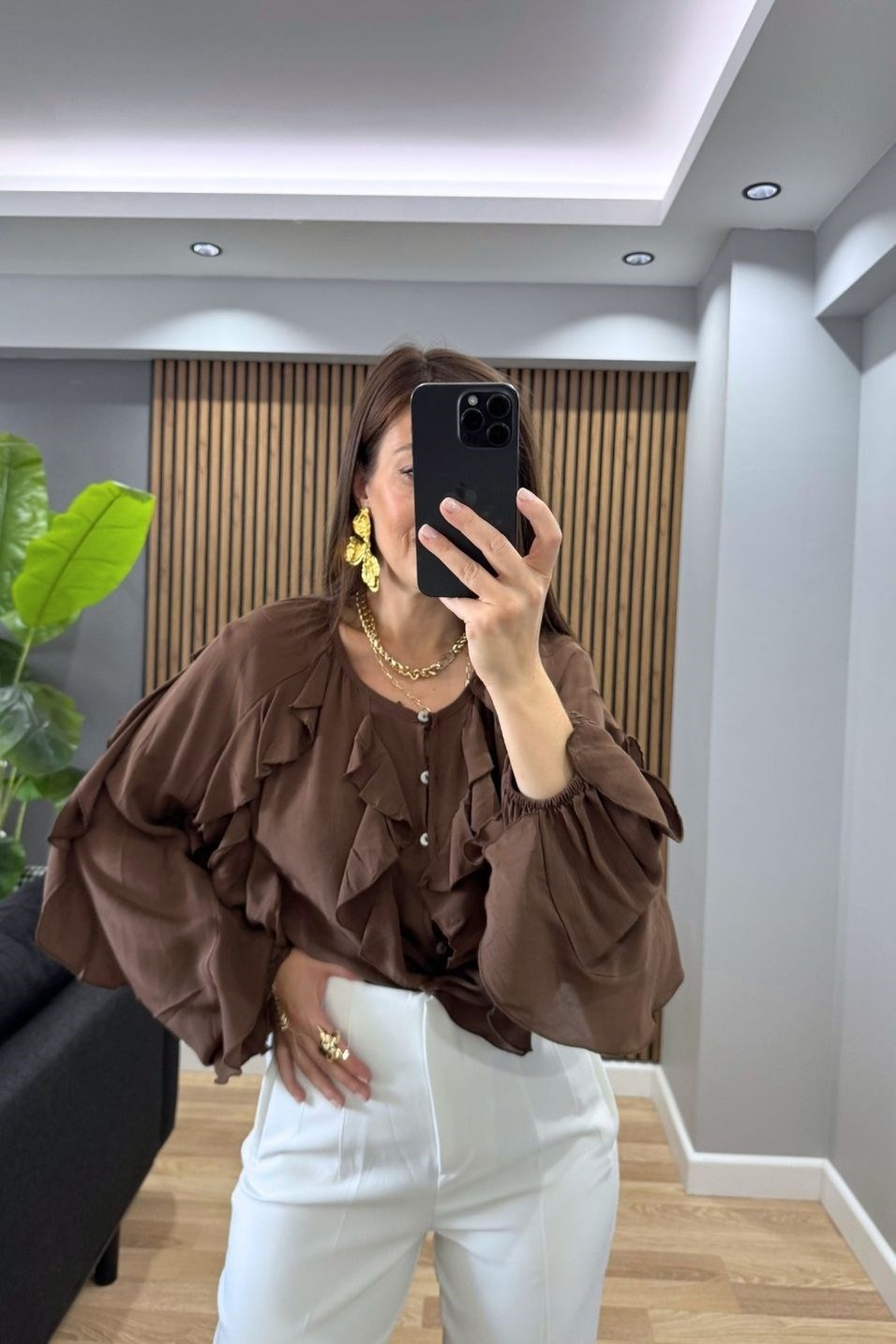 BluzReva Fırfır Detaylı Gömlek Bluz Kahverengi