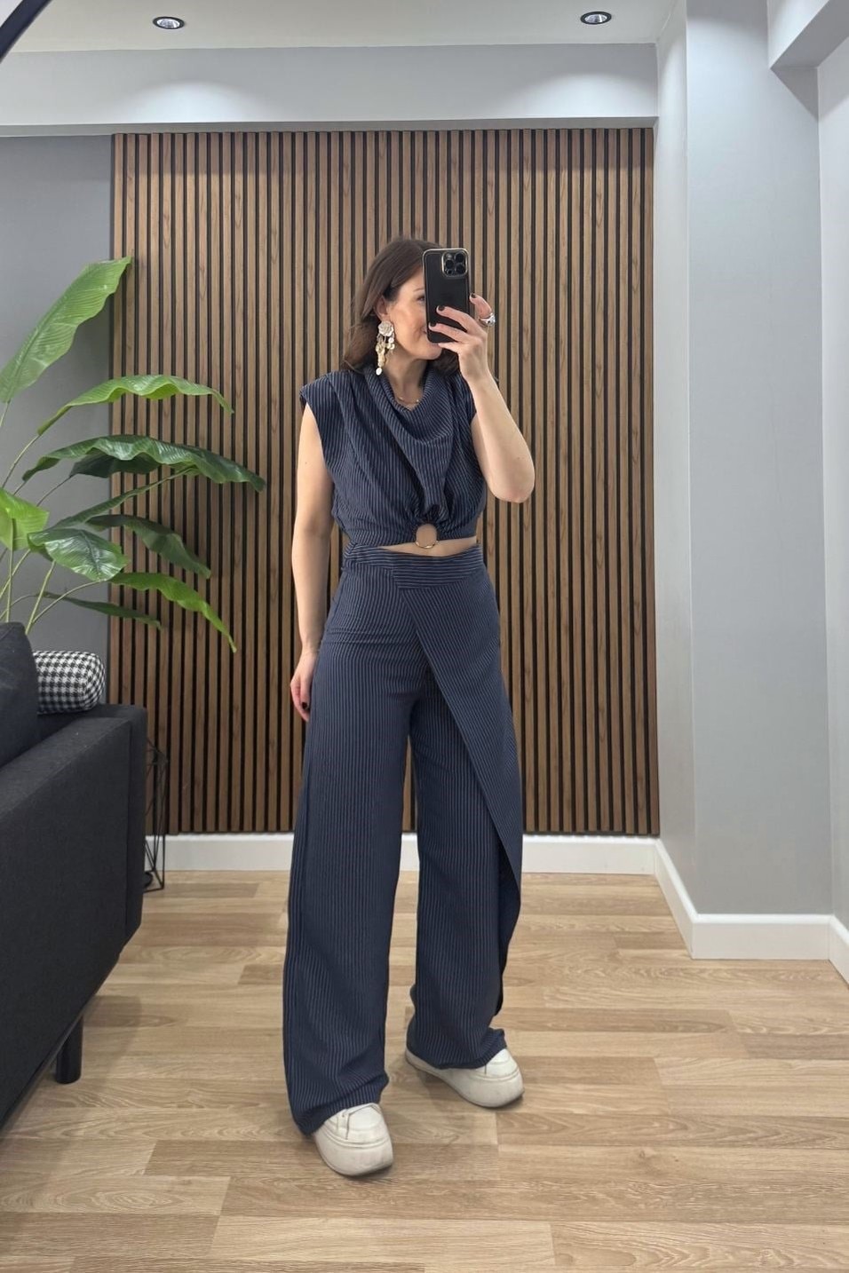BluzToka Detaylı Çizgili Premium Bluz Lacivert
