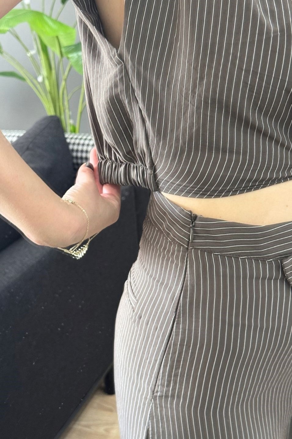 BluzToka Detaylı Çizgili Premium Bluz Kahverengi
