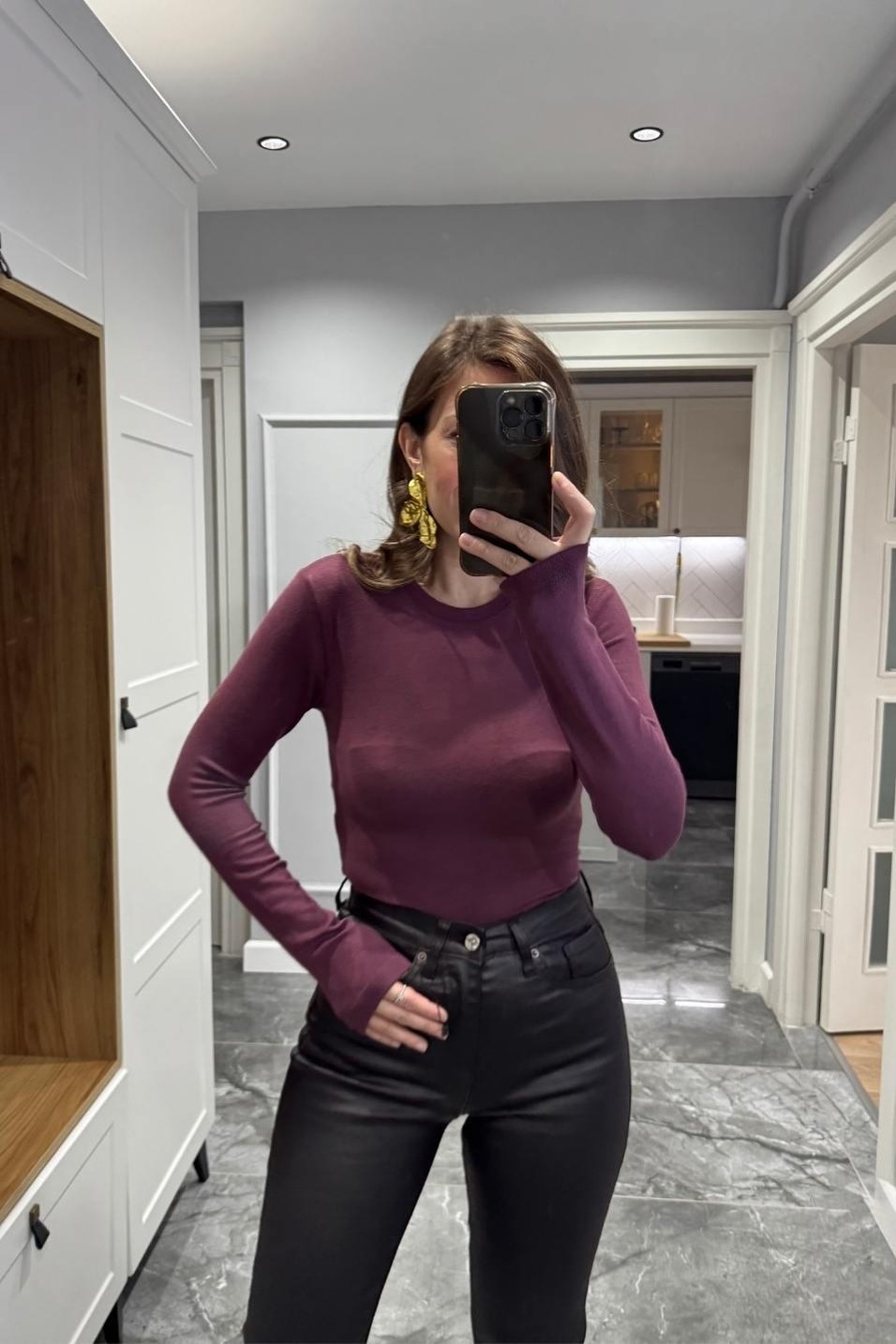 BluzUzun Kollu Basic Bluz Bordo