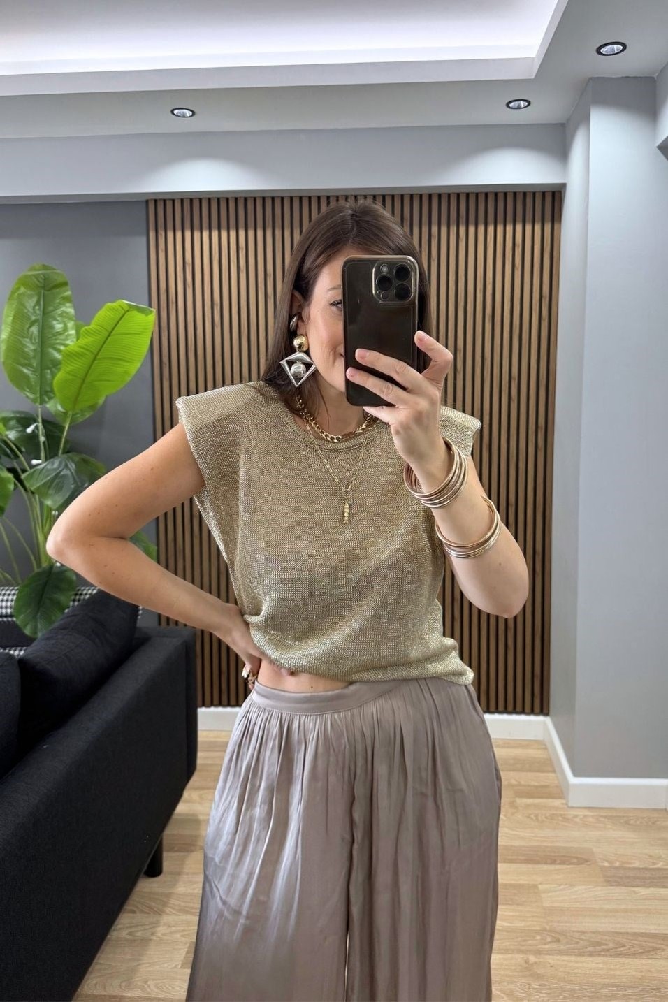 BluzVatkalı Işıltılı Triko Bluz Gold