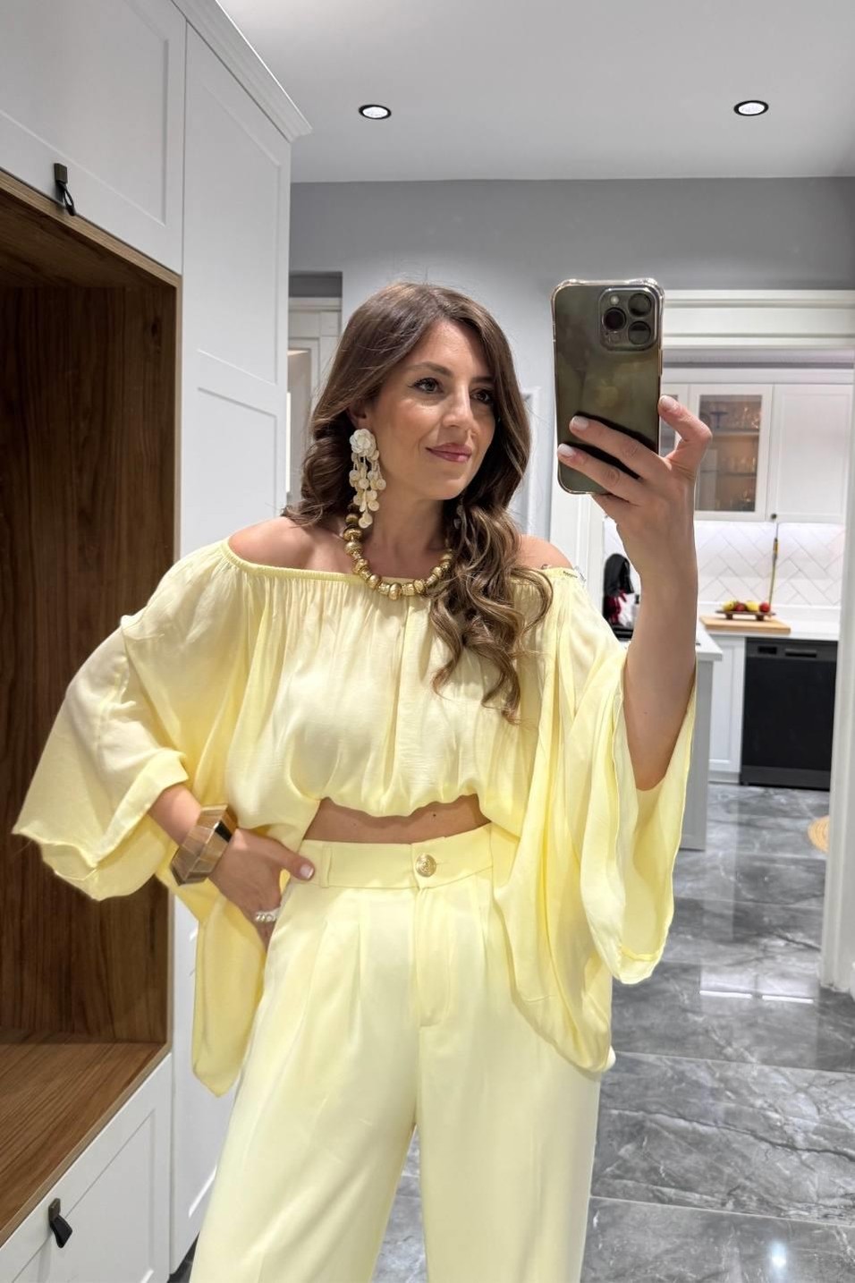 BluzYakası Lastikli Premium Bluz Sarı