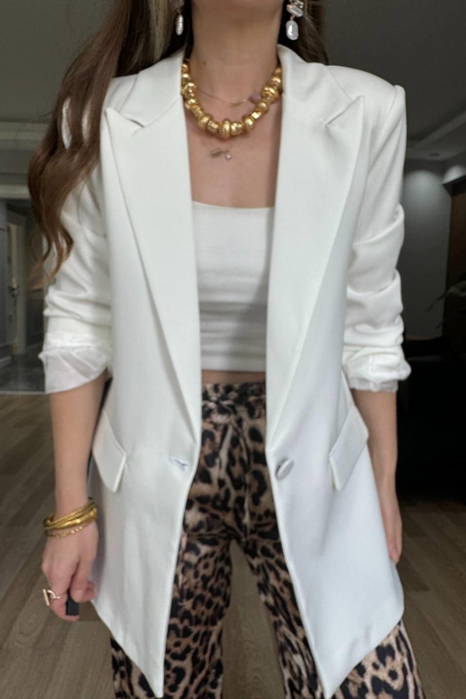 CeketAtlas Pileli Kol Blazer Ceket Beyaz