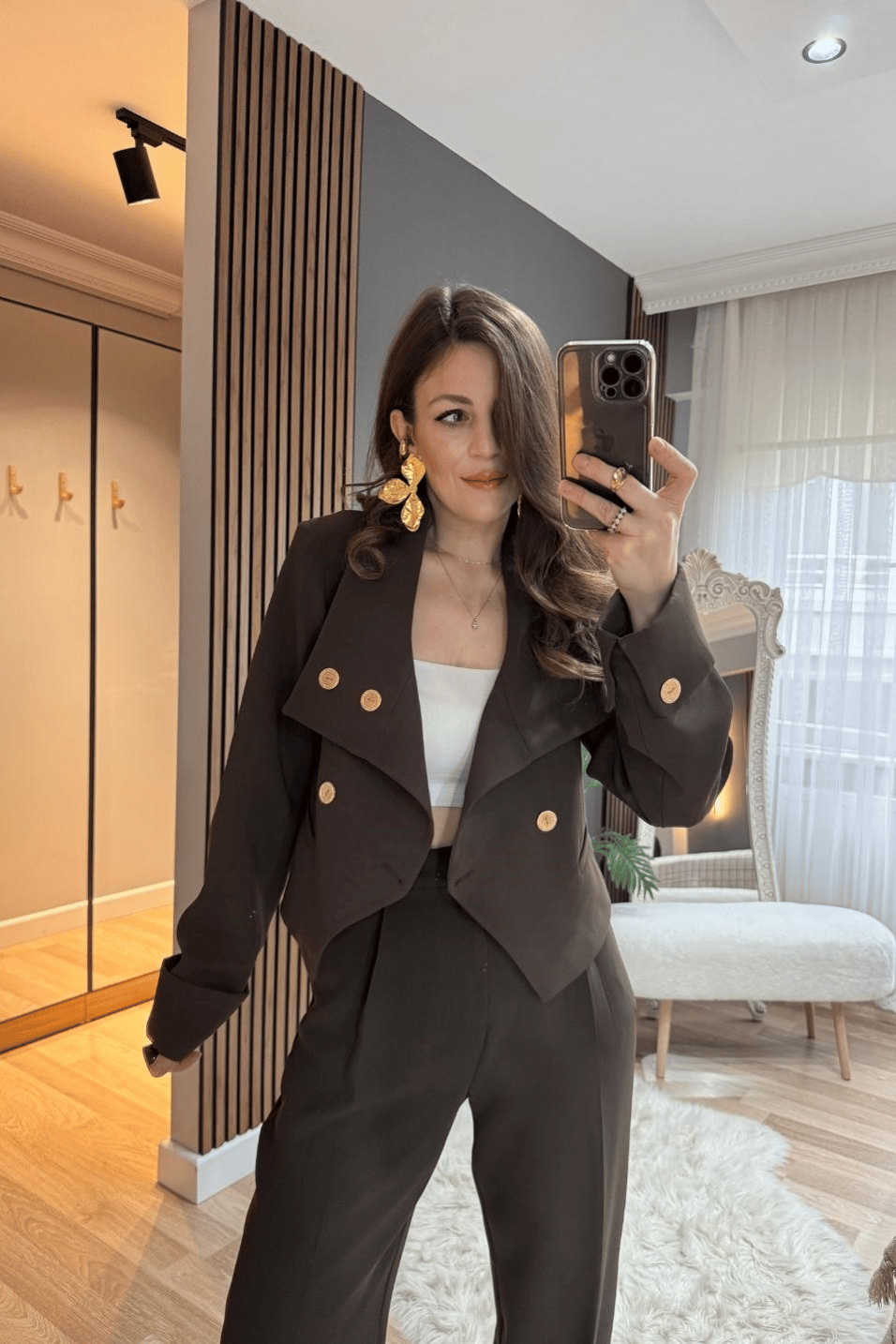 CeketGold Düğmeli Vatkalı Crop Ceket Kahverengi