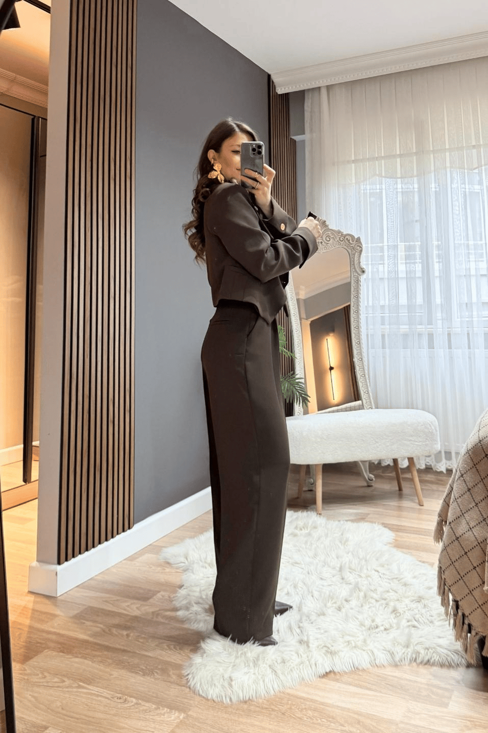 CeketGold Düğmeli Vatkalı Crop Ceket Kahverengi