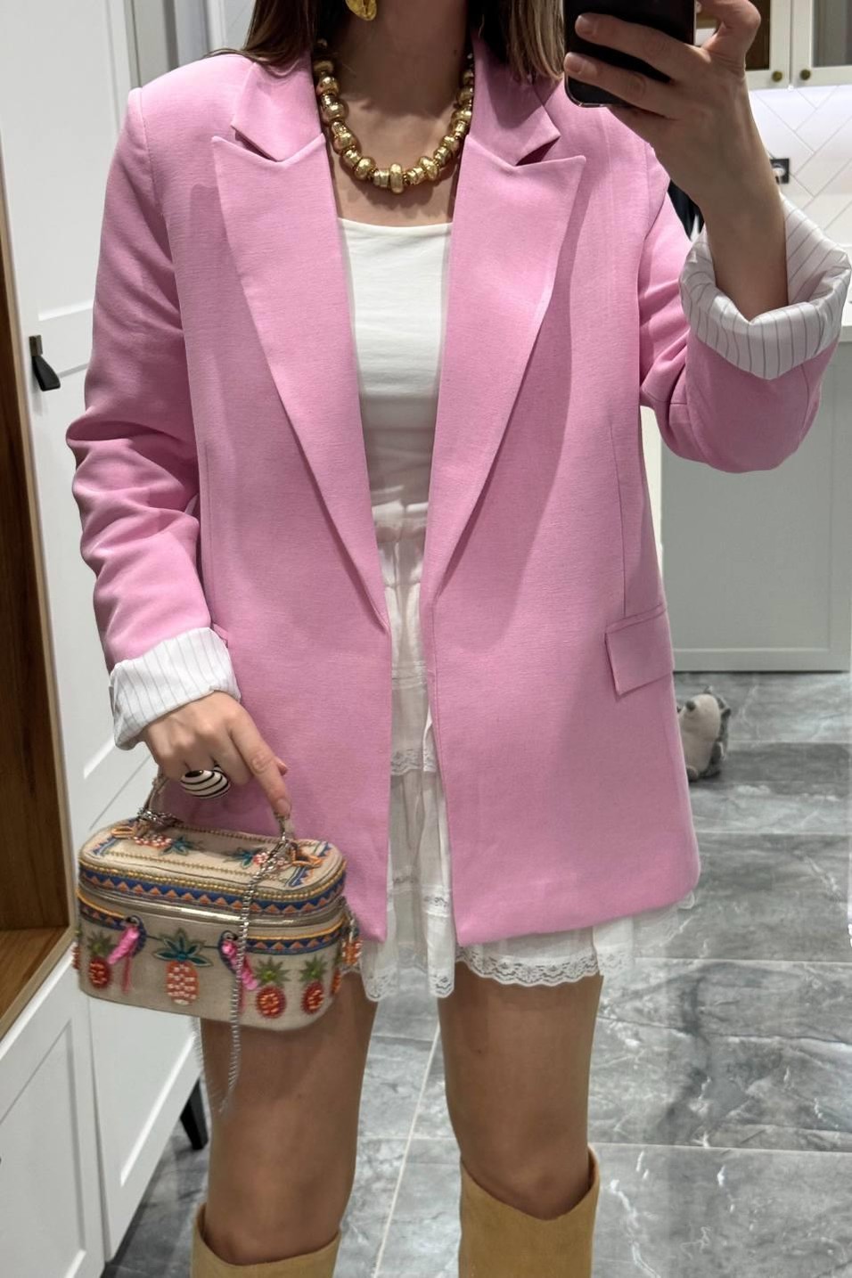CeketKolu Katlamalı Astarlı Keten Ceket Pembe