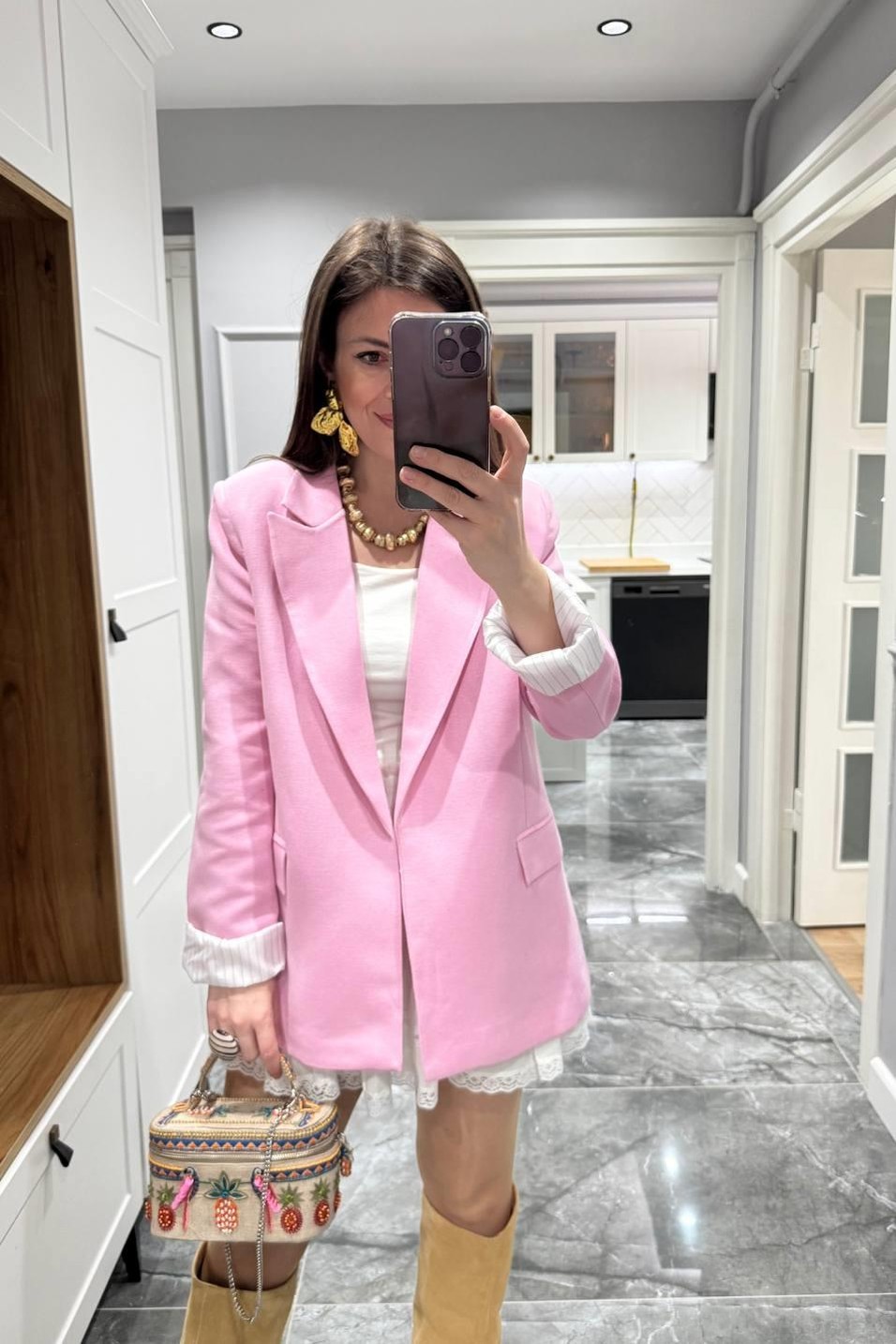 CeketKolu Katlamalı Astarlı Keten Ceket Pembe