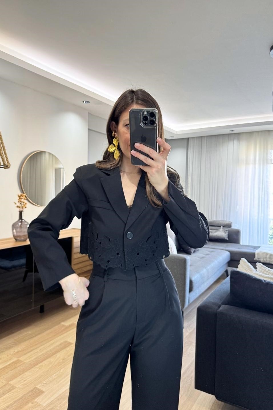 CeketNakış Detaylı Crop Ceket Siyah