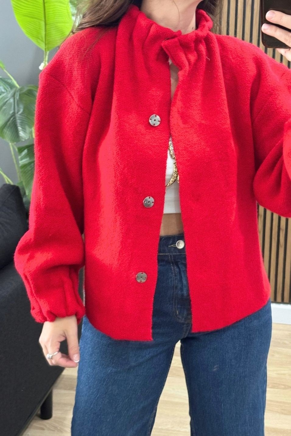 CeketNora Gizli Çıtçıtlı Triko Bomber Ceket Kırmızı
