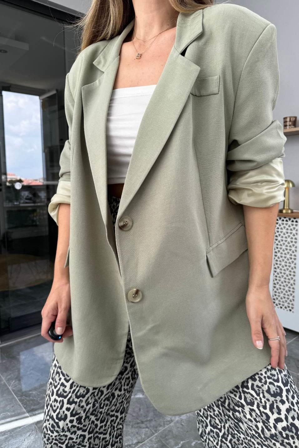 CeketZr Model Oversize Keten Ceket Haki Yeşil
