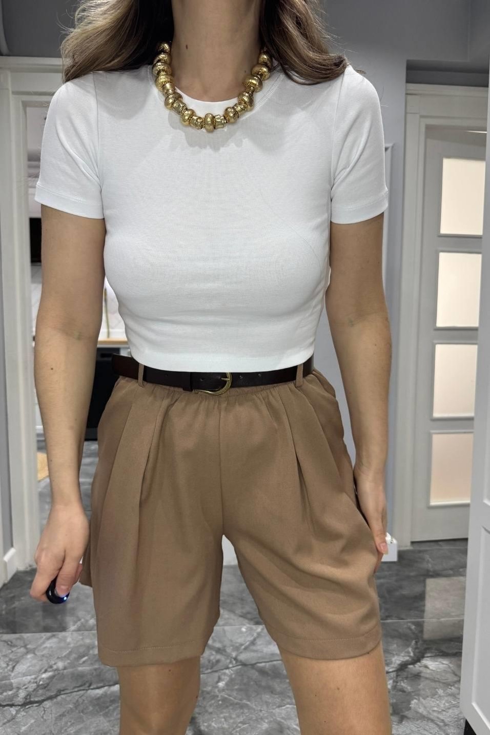 CropBisiklet Yaka Crop Top Beyaz