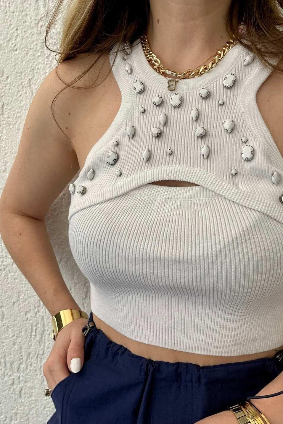 CropDilvin Bisiklet Yaka Önü Taşlı Crop Ekru