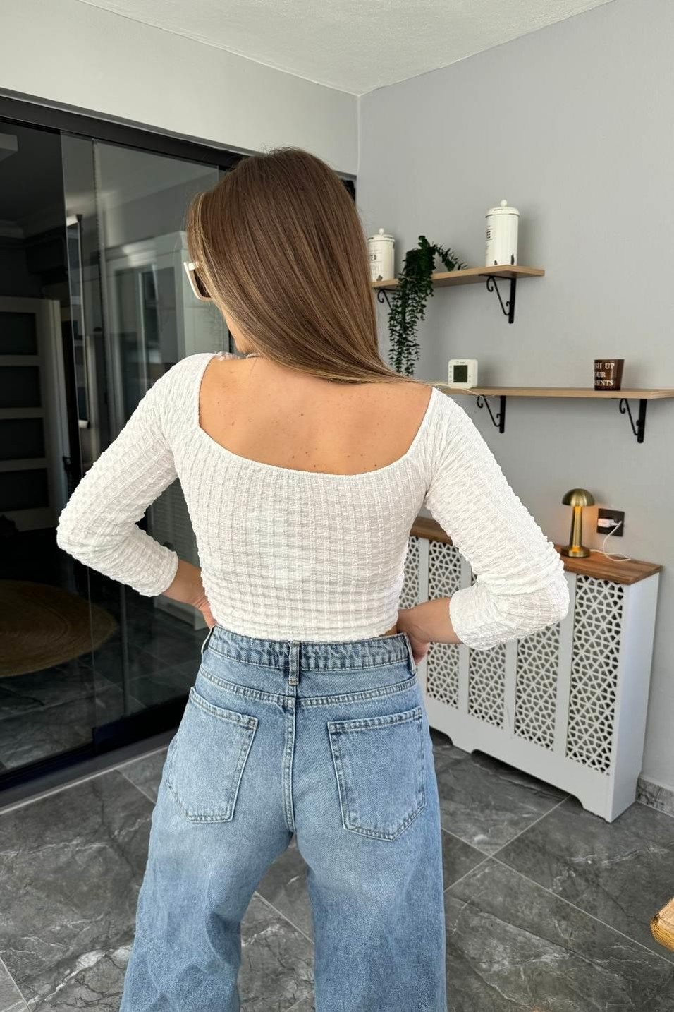 CropKabartma Desen Büzgülü Crop Ekru