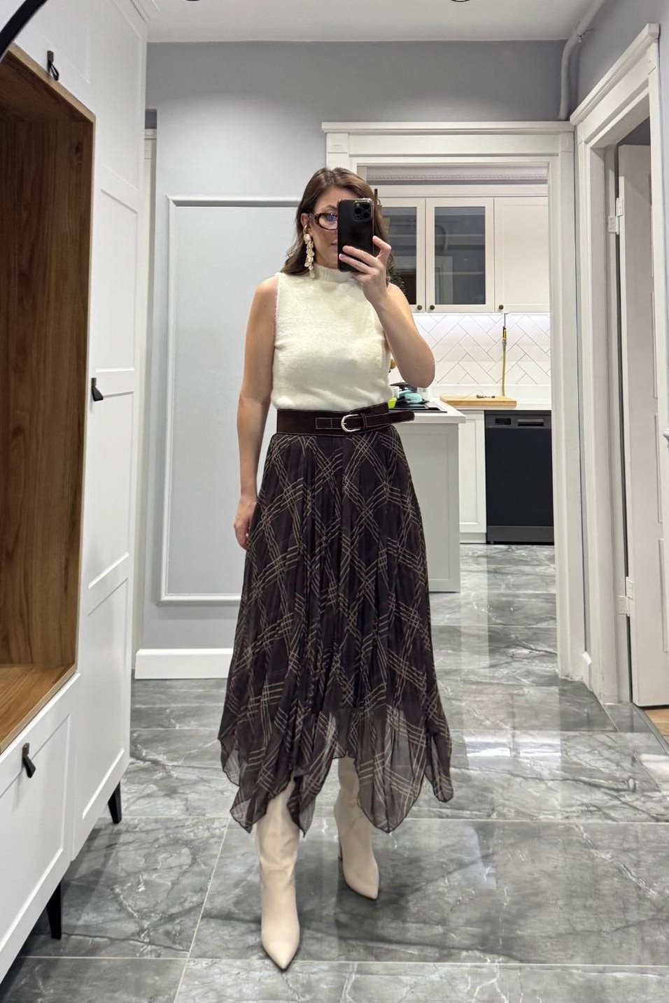 EtekEkose Desenli Kırışık Efektli Etek Kahverengi