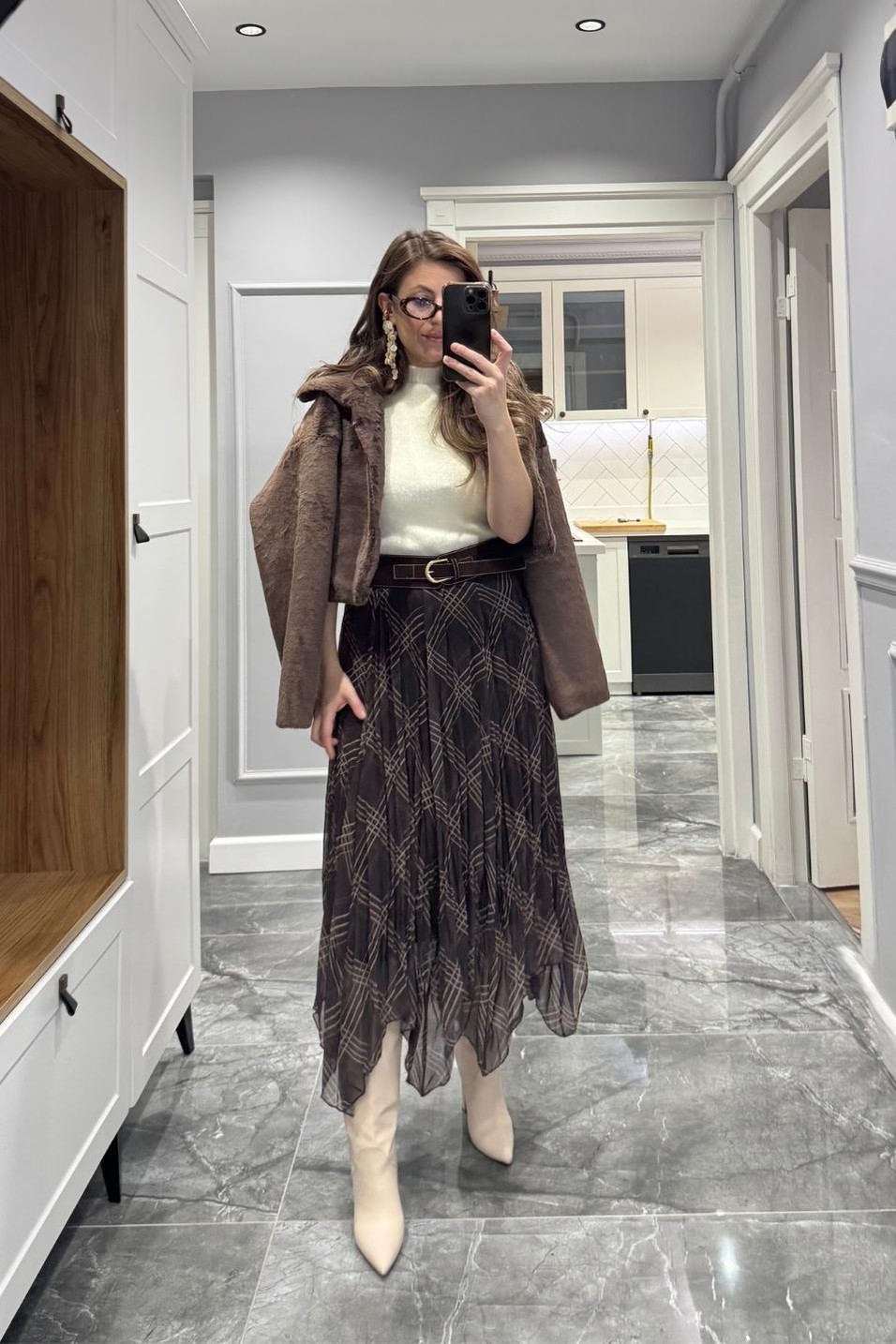 EtekEkose Desenli Kırışık Efektli Etek Kahverengi