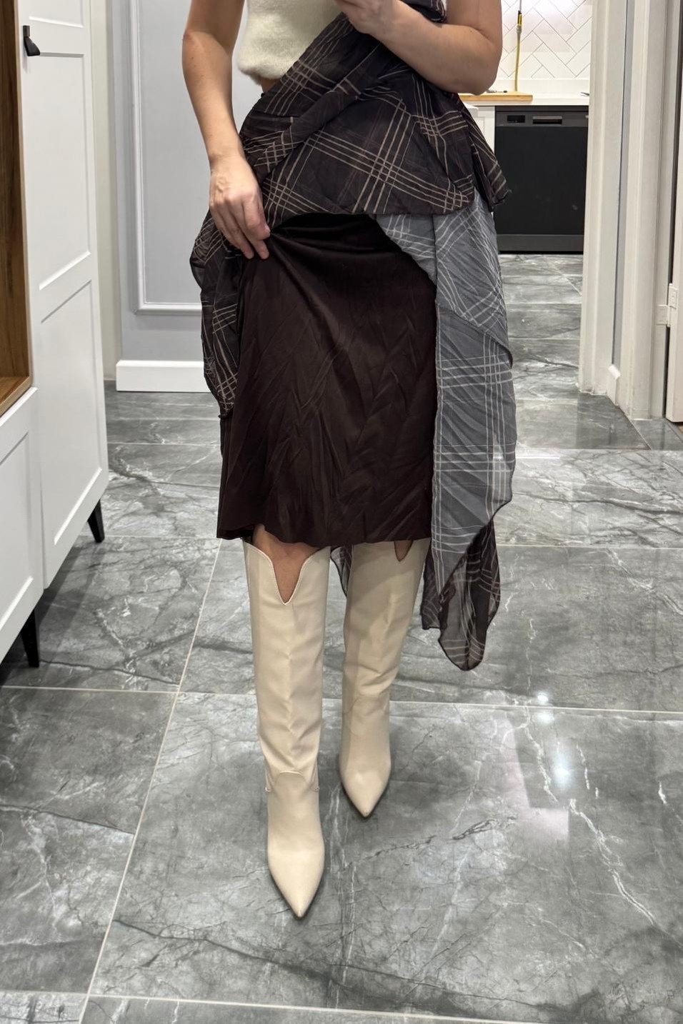 EtekEkose Desenli Kırışık Efektli Etek Kahverengi