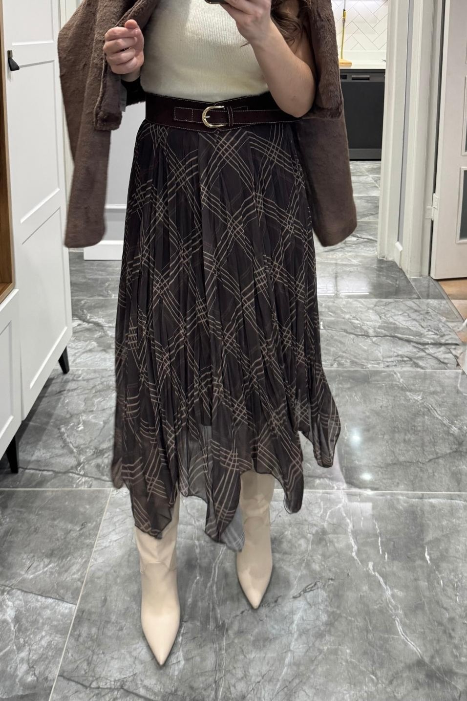 EtekEkose Desenli Kırışık Efektli Etek Kahverengi