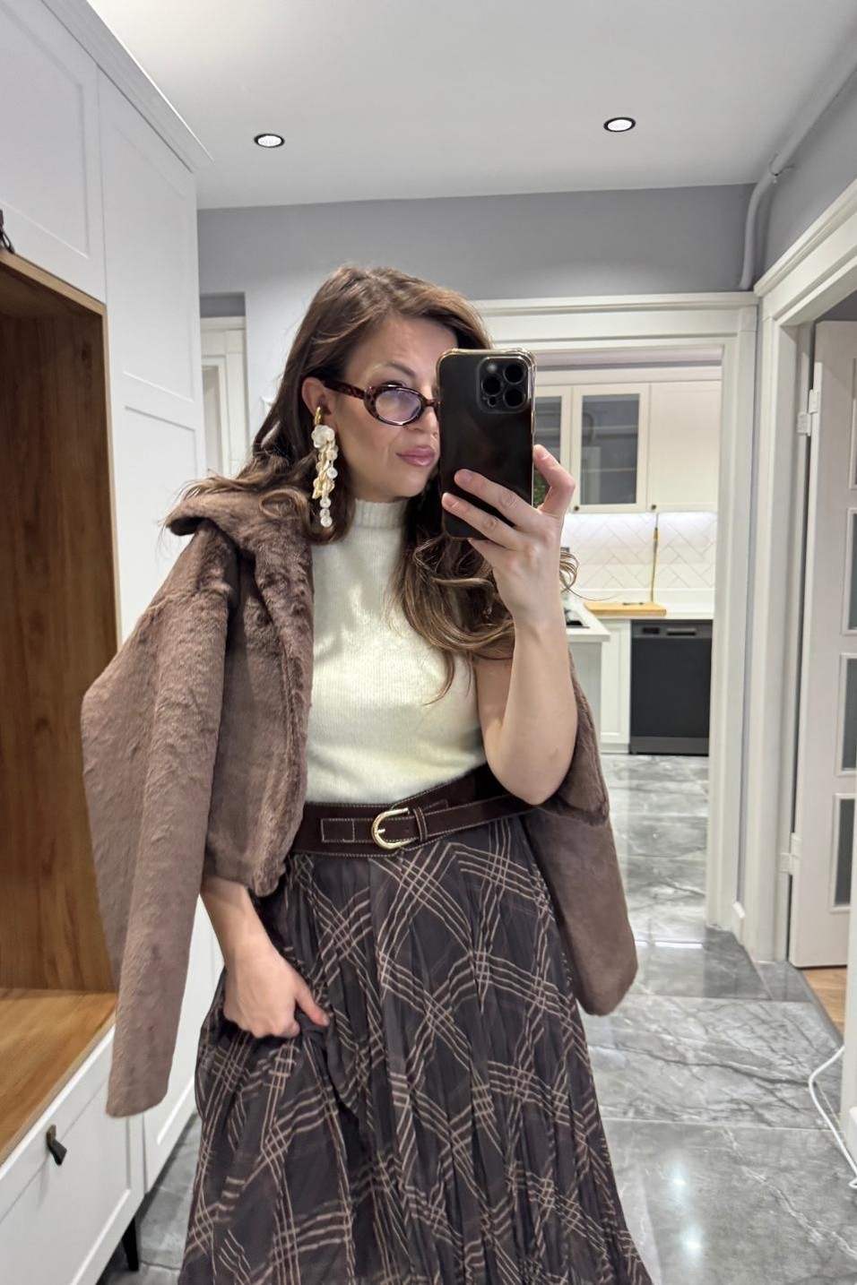 EtekEkose Desenli Kırışık Efektli Etek Kahverengi