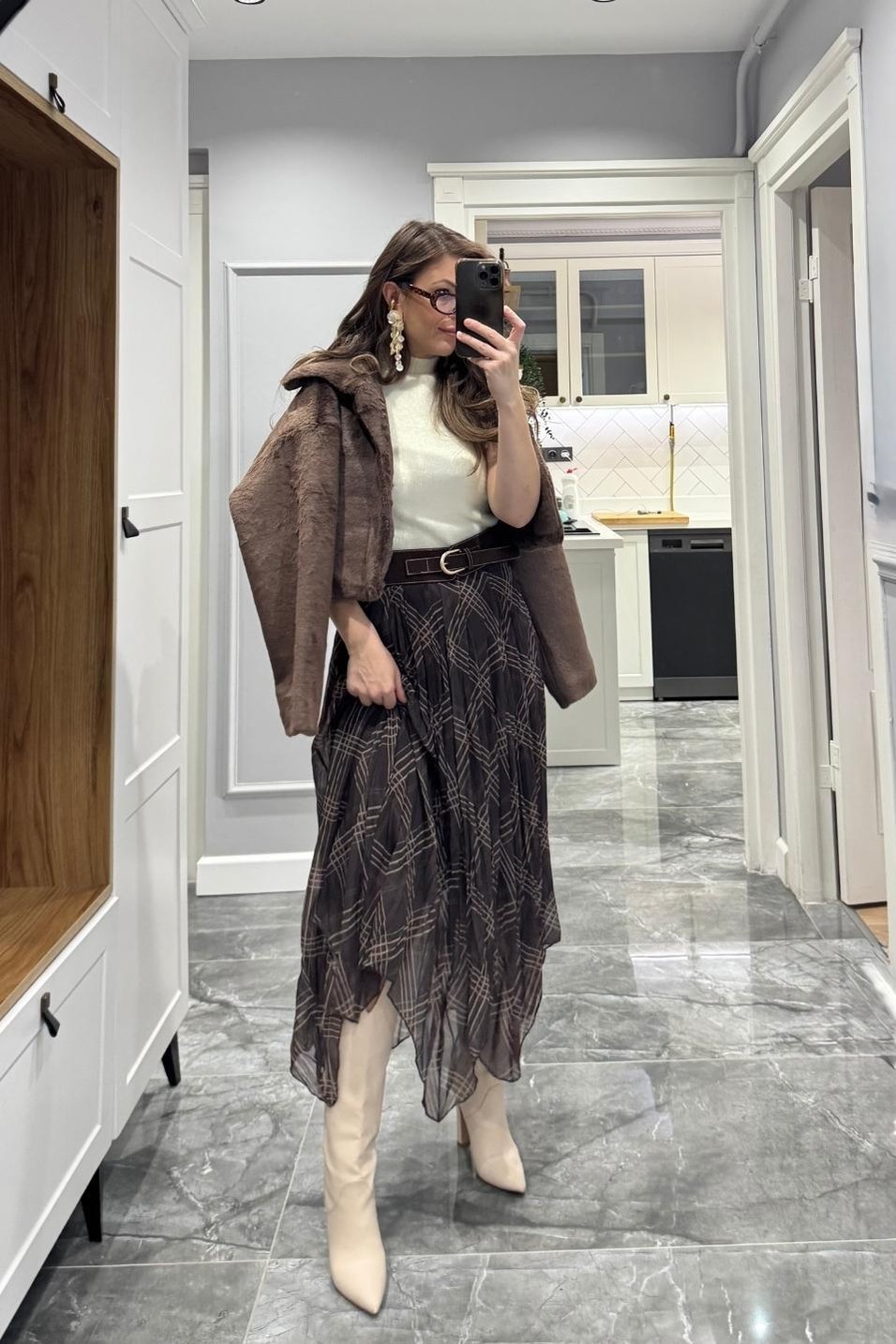 EtekEkose Desenli Kırışık Efektli Etek Kahverengi