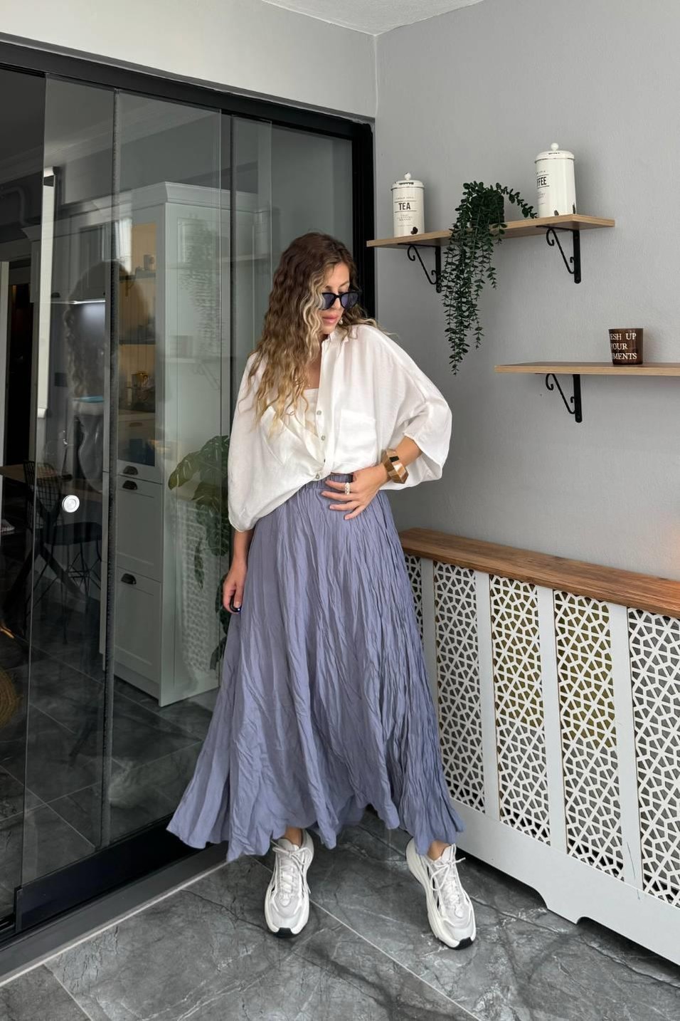 EtekKırışık Modal Etek Gri-Mavi