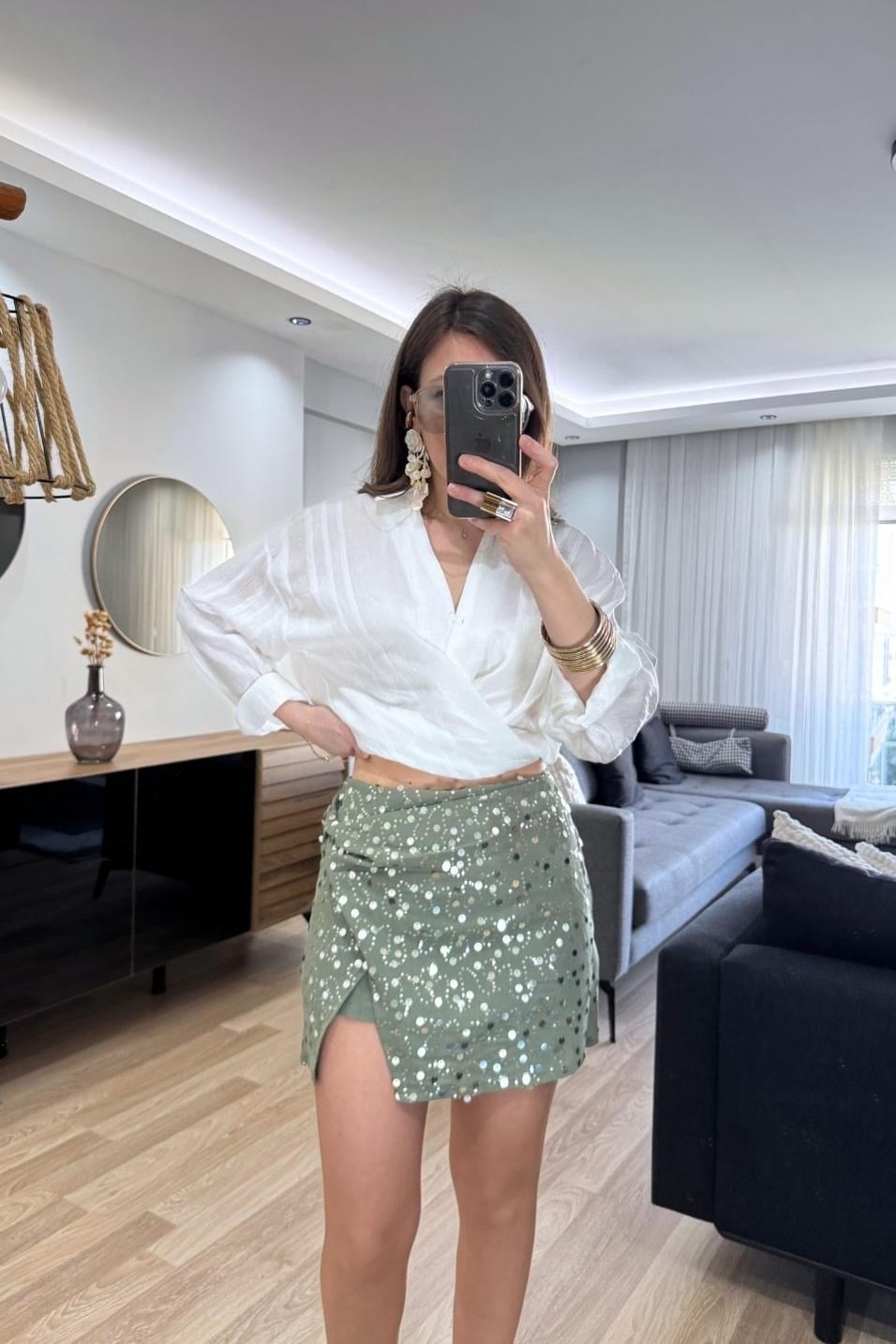 EtekKruvaze Detaylı Pullu Mini Şort Etek Haki Yeşil