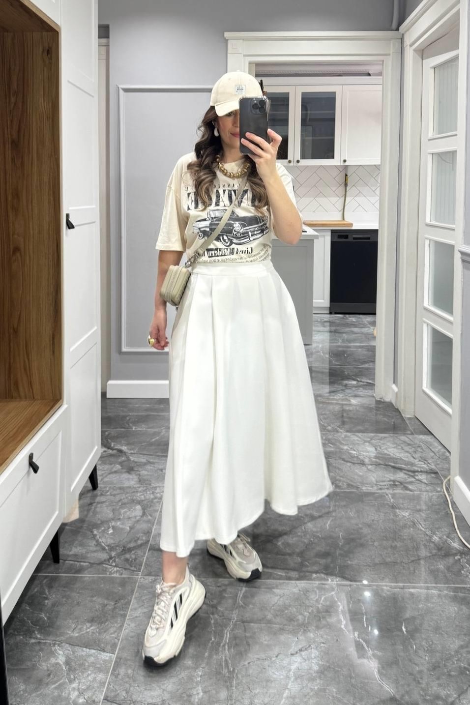 EtekPile Detaylı Kloş Etek Beyaz