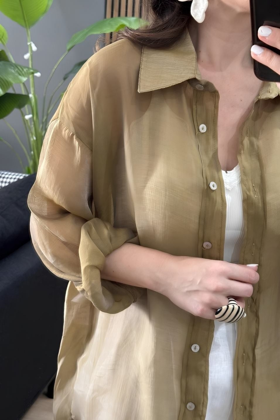 Gömlekİpeksi Dokulu Oversize Gömlek Haki Yeşil